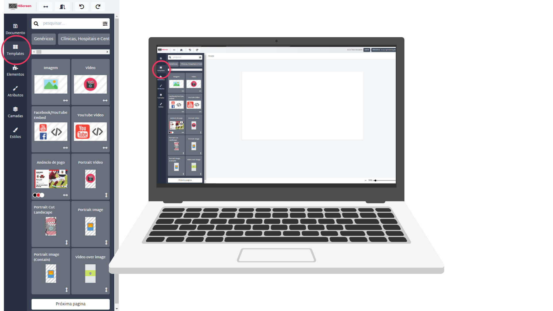 Onde selecionar templates no editor de slide do HiScreen